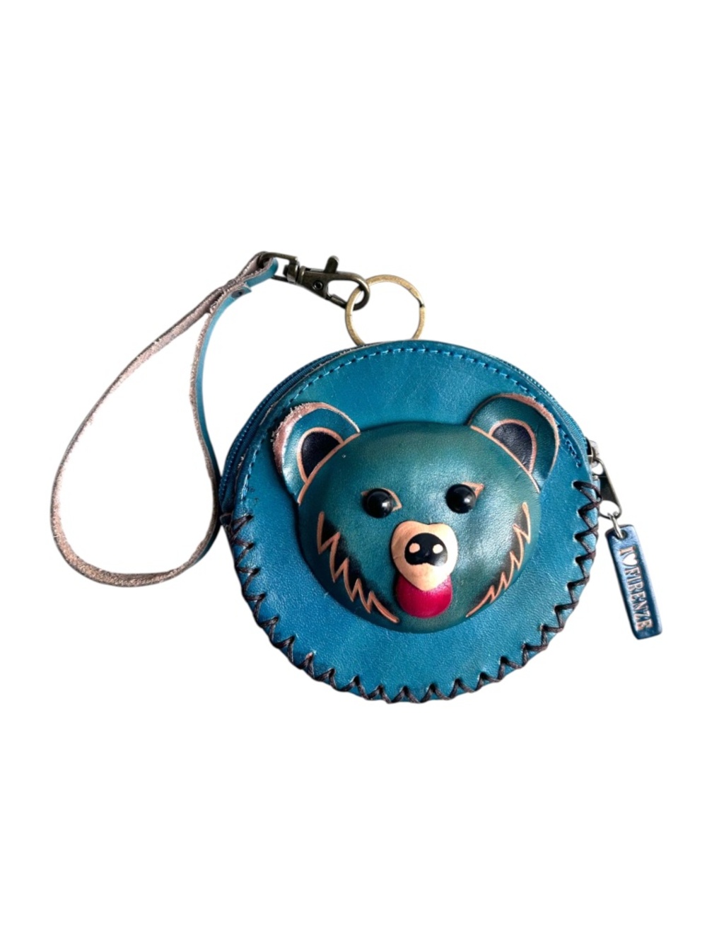 Vintage Teddy Bear Italian Firenze Leather Key Chain Wristlet Coin Purse